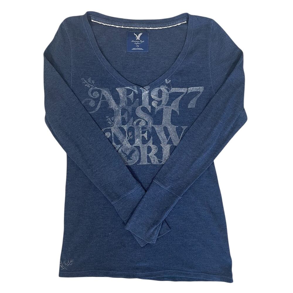 Y2K American Eagle Waffle Thermal Long Sleeve Top Blue New York 90s Size XL